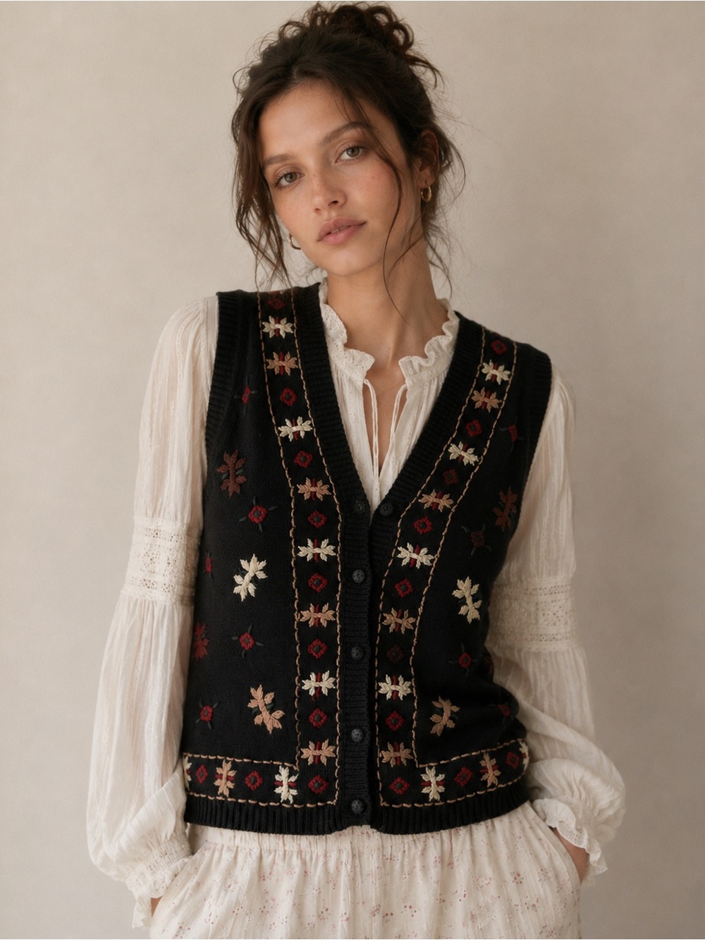 VTG Woman Black Floral Embroidery Button Knit Sweater Vest LARGE Cottagecore
